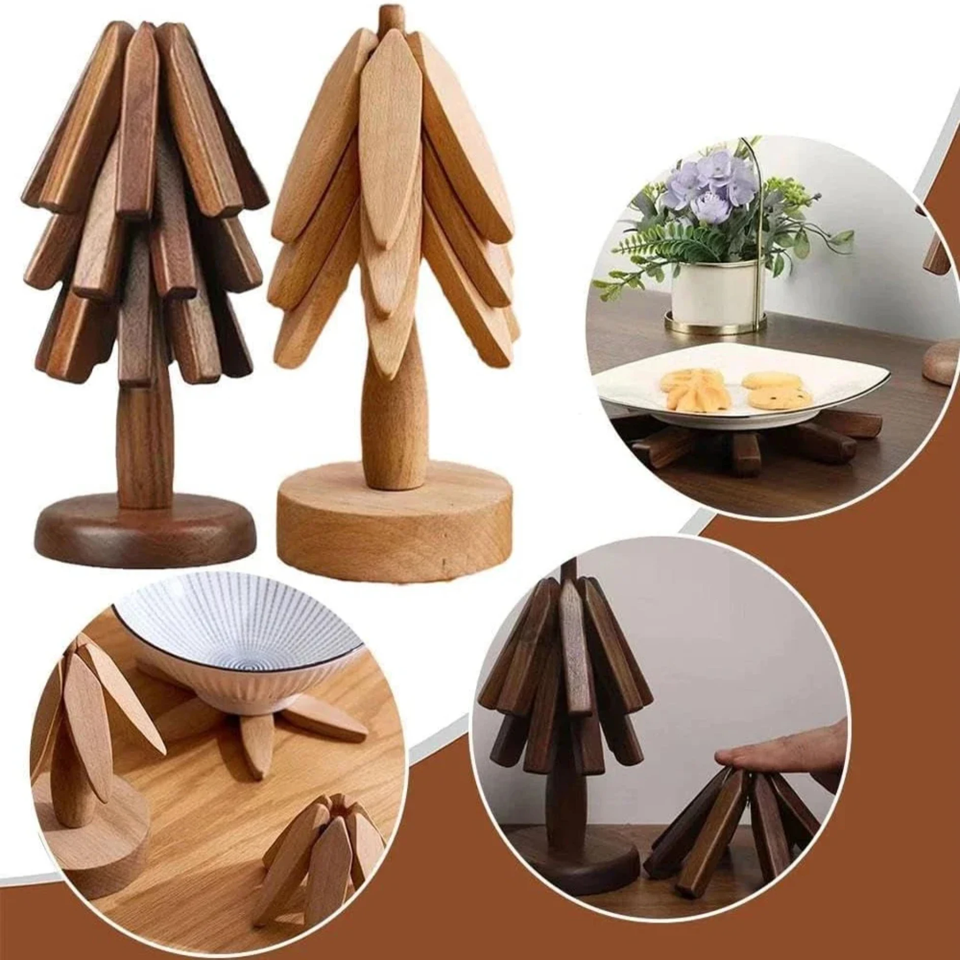 

3PCS Wooden Trivets for Hot Dishes Folding Tree Shape Black Walnut Table Mat Holders Heat Insulated Pad Set Coasters for Pots