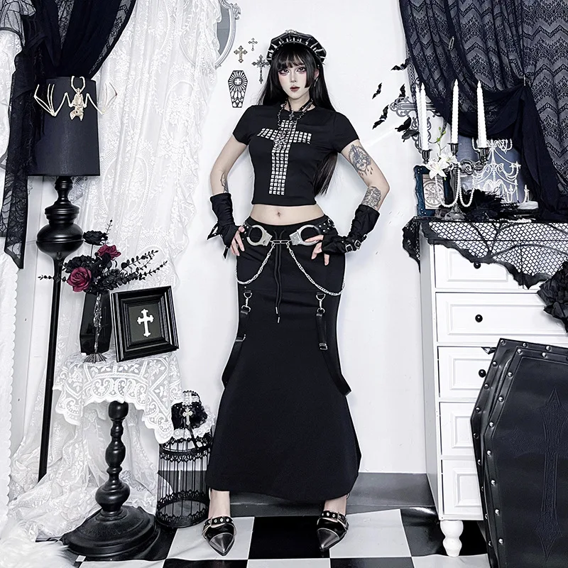 2025 Nieuwe Lente Herfst Vrouwen Rok Mode Koreaanse Stijl Zwarte Lange Rokken met Ketting Zijsplit Hip Hop Streetwear Plus Size