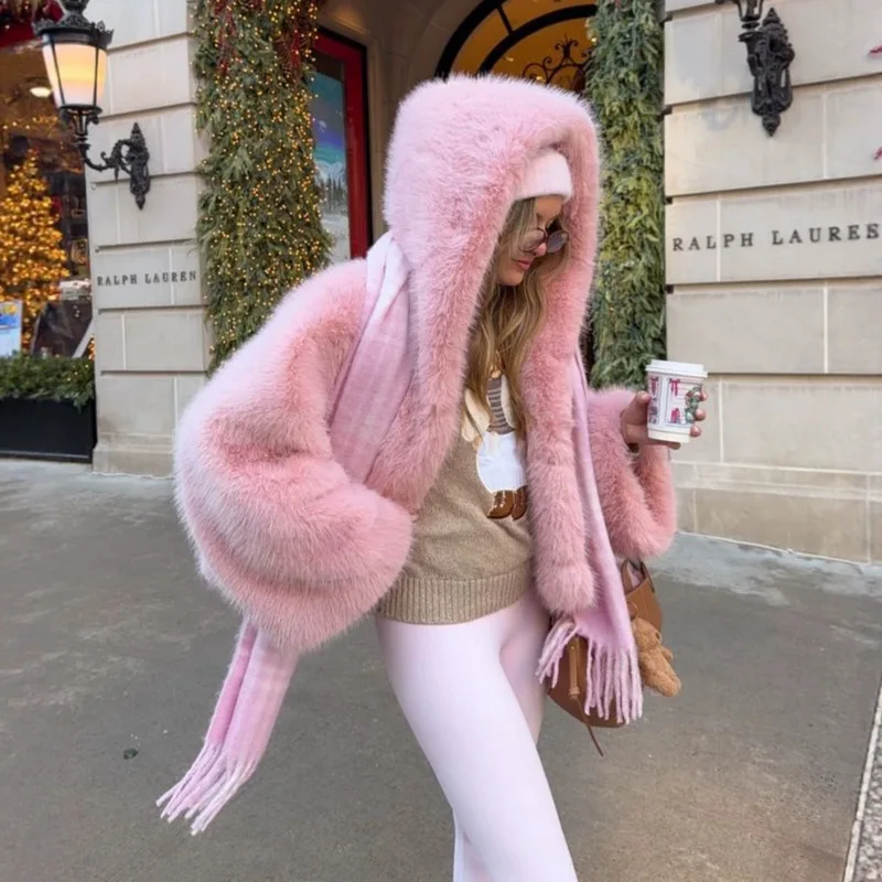 Women Faux Fox Fur Short Coats Jackets Hooded Coat Thick Warm Y2k Streetwear High Street Elegant Work Sweet Autumn Winter 2026