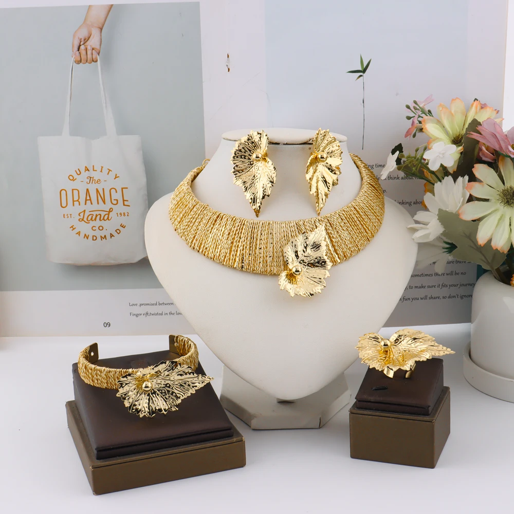 

YM Gilding 4PCS Jewelry Set for Forest Queen Luxury Wedding Party Gif Leaf Bracelet Ring Earring Necklace Fashion Accessories