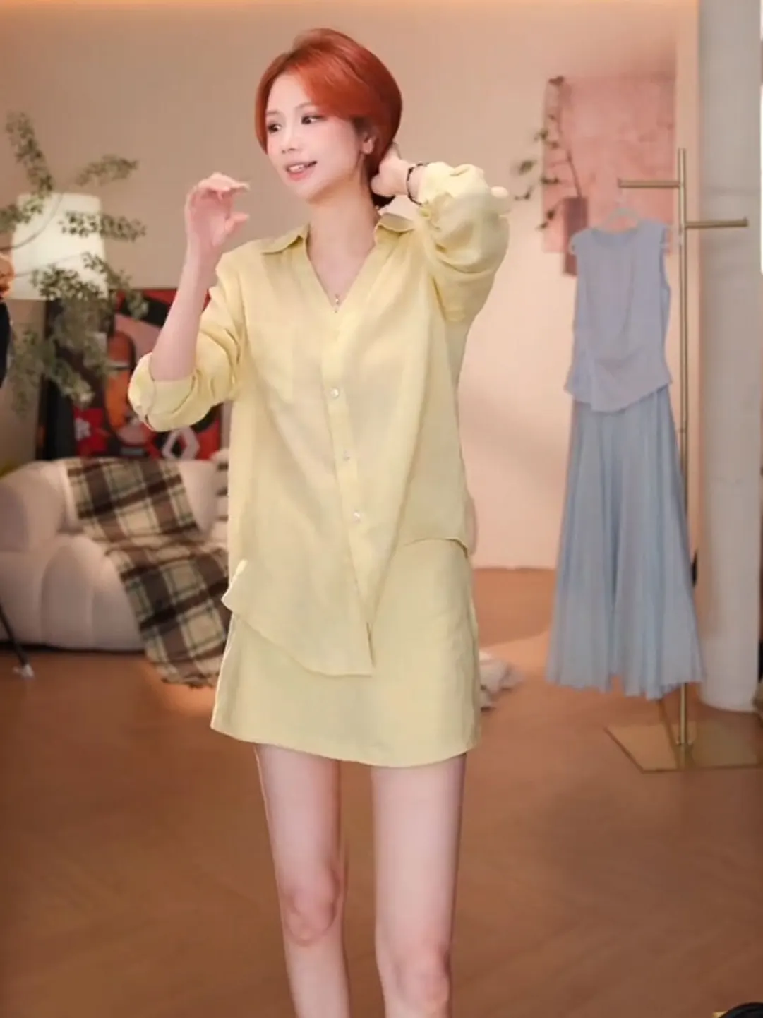 Casual Yellow Long Sleeve Shirt High Waist  Skirt Set Women's Fashion Ensemble Breathable Summer Outfit Two-Piece Set