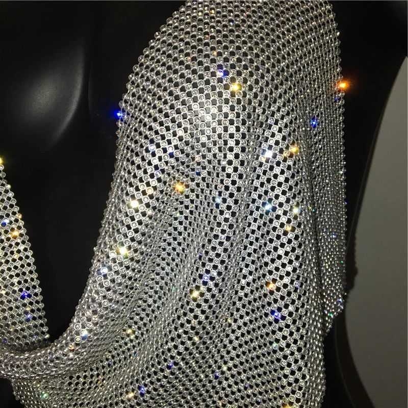 Sexy Low Cut Backless Shiny Rhinestone Crop Tank Tops For Lady Women Hollow Out Halter  Metallic Sequined Solid Party Tube Top