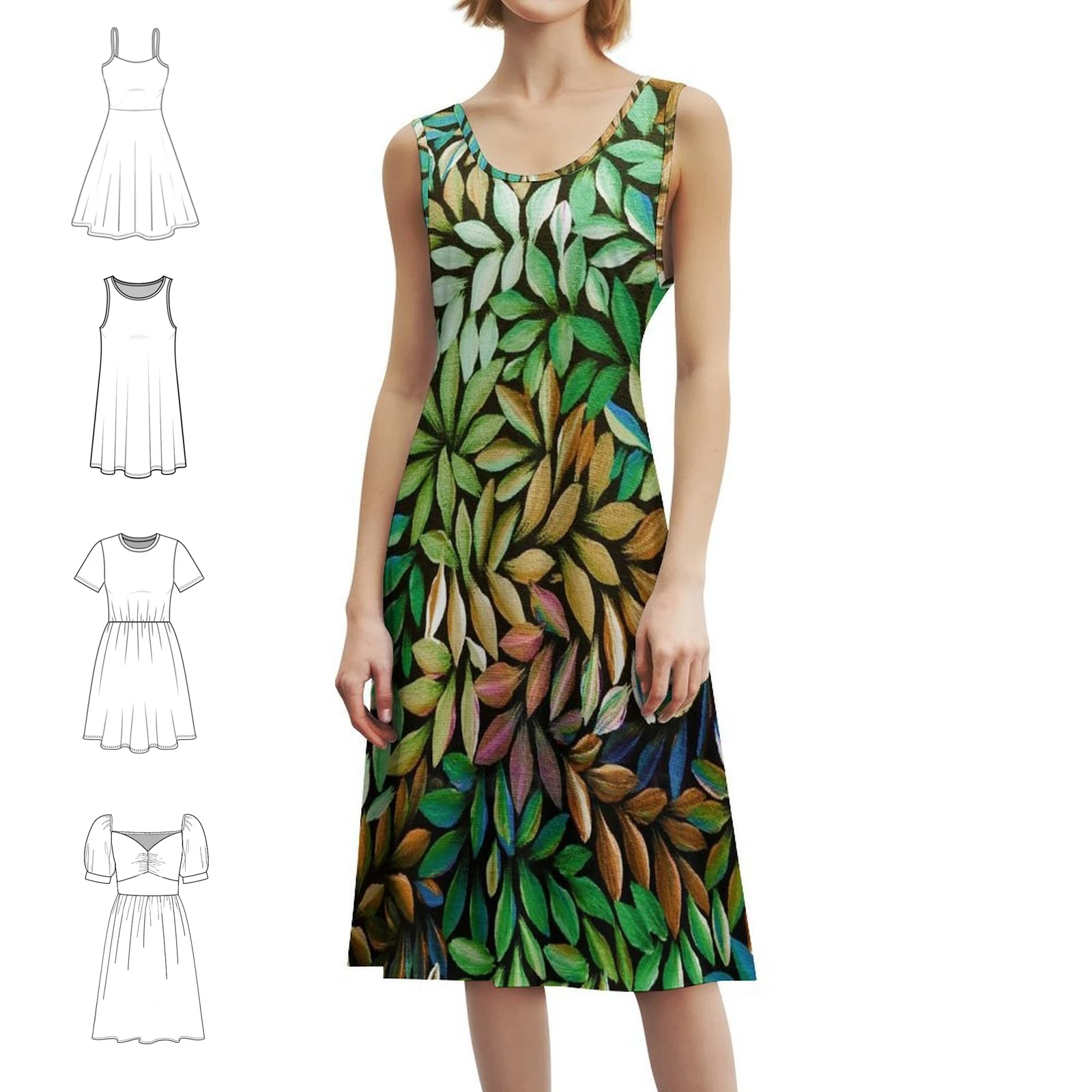 فن السكان الأصليين الأسترالي يترك فستان كاجوال على الطراز الكوري الأخضر للنساء فساتين مكتب يومية بسيطة للسيدات فن السكان الأصليين #1