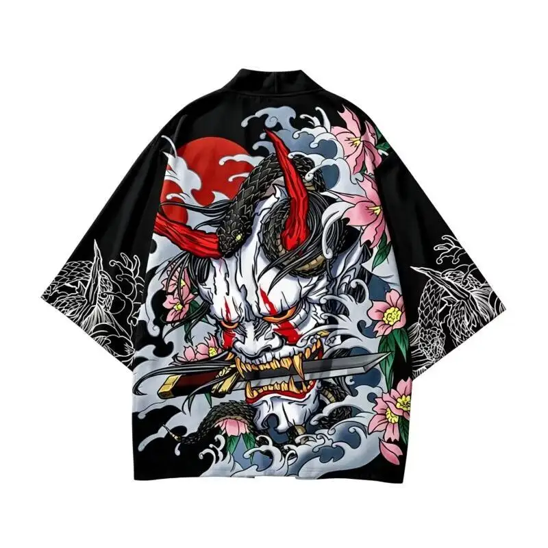 Men's Japanese Kimono Cardigan Pants Set 2 Piece Outfits Demon Print Summer Casual Loose Haori Yukata Trousers Streetwear
