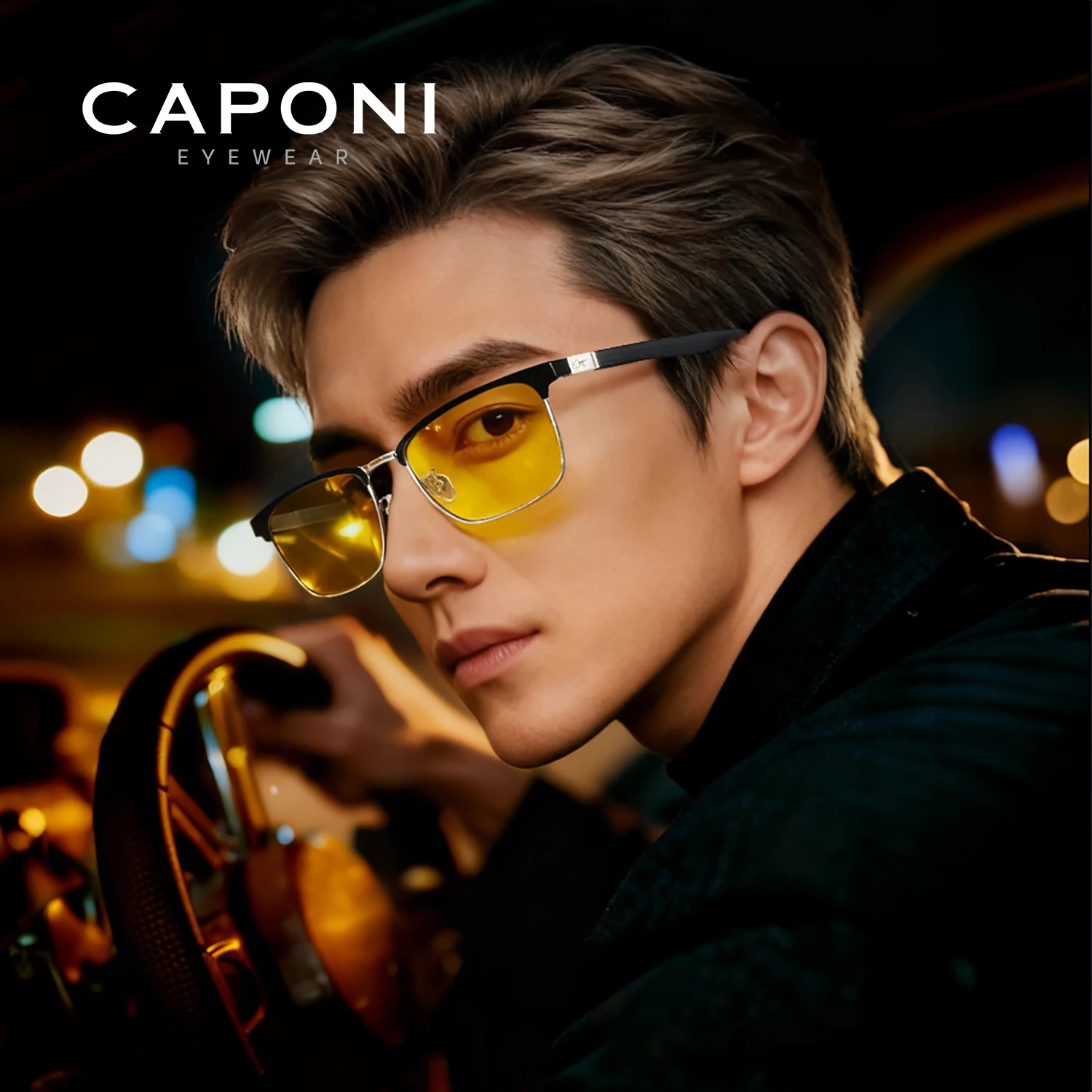 CAPONI Night Vision Men Sunglasses Night Driving Outdoor Carbon Fiber Yellow Sunglasses Photochromic Brown Eyewear BSYS36403