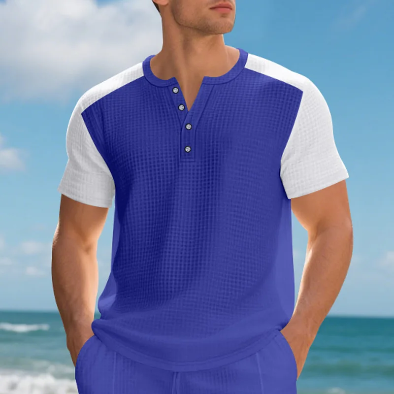 Summer American Loose Men's Casual Beach Waffle Henley Shirt Short Sleeve T-Shirt