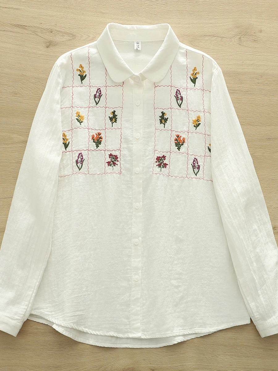 

Women's Cotton irt Autumn New Sle Long Sve Embroidered Loose Ne Vintage Artistic Sle Commute Faion