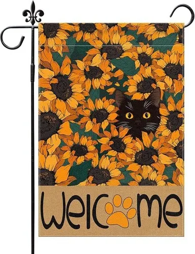 Welcome Black Cat Sunflowers Garden Flag 12 x 18 Paw Print Burlap Summer Meow HHP AAL HHM WZZ yyi