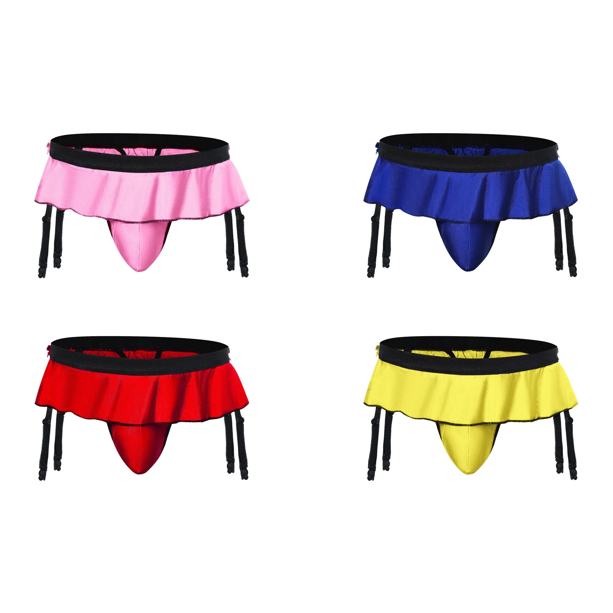 Fashion Sexy Mens Bow Ruffled Decor Skirted Thongs with Garter Belt Bulge Pouch Underwear Gay Sissy Panties Male Erotic Lingerie
