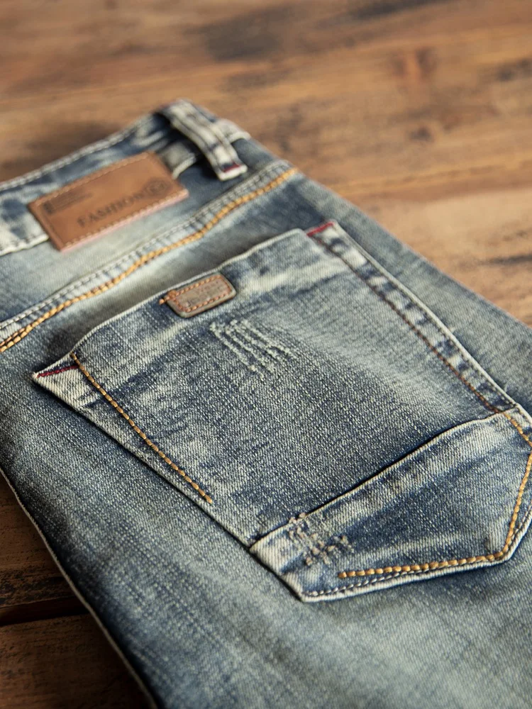 

Retro American Washed Denim Jeans Men's Straight Leg Long Pants High Elasticity Autumn New Style Versatile Slim Fit Casual Jeans
