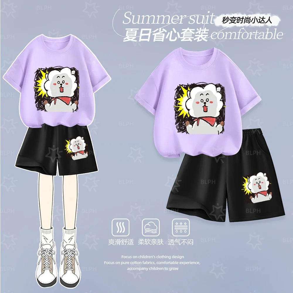 

Cute BTS Inspired Cartoon Lamb Design Kids T-Shirt Set for Boys and Girls Fashionable Casual Wear