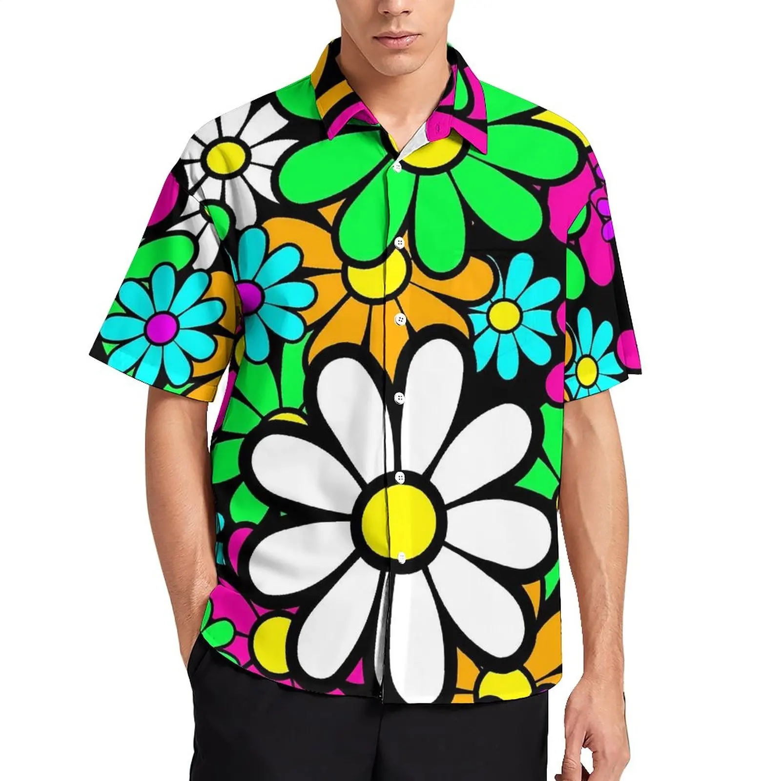 Floral Print Hawaii Casual Shirts Mens Bright Flower Power Harajuku Vacation Retro Esthetic Blouses Short Sleeve Graphic Clothes