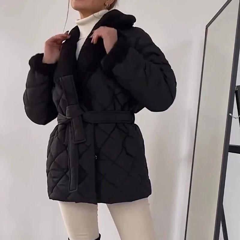 Comfortable And Casual Ladies Cotton-Padded Jacket Lapel Waist Lace-Up Coat Women's  Winter Warm Fashion Design Women's Clothing