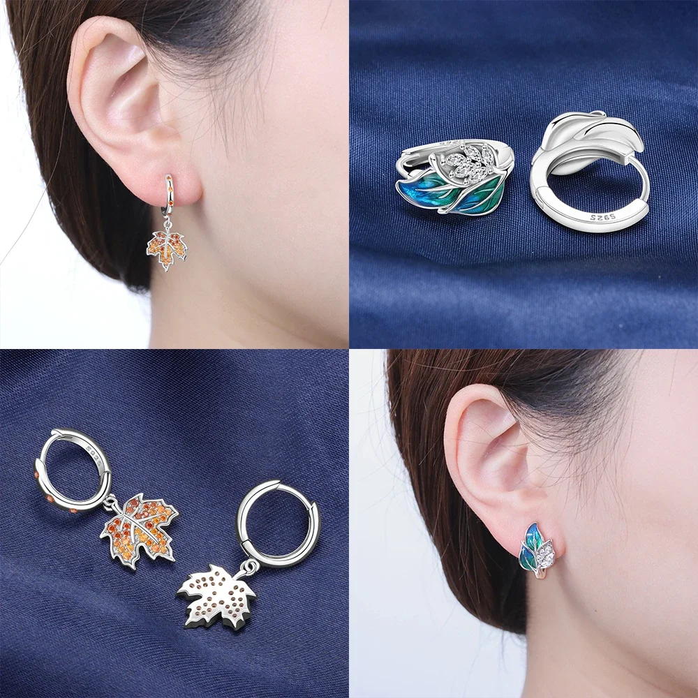 Original 925 Silver Green Ginkgo Leaf Earring Purple Iris Flower Women's Maple Leaf Earrings Valentine's Gift Jewelry Accessory