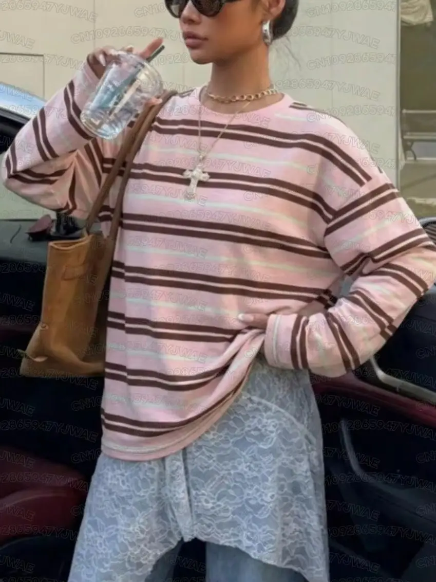 Frühlings- und Herbst-Damen-T-Shirt mit minimalistischem Streifenmuster, Rundhalsausschnitt, langen Ärmeln, Übergröße, im Retro-Amerikanischen Stil. – Detail 3