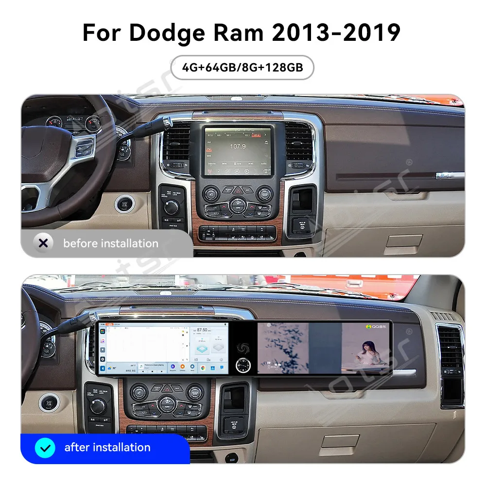 

Для Dodge Ram 2013-2019: 12.3-дюймовое автомобильное радио с двумя экранами на Android 13, мультимедийный видеоплеер, GPS-навигация, Carplay, Wi-Fi, DSP