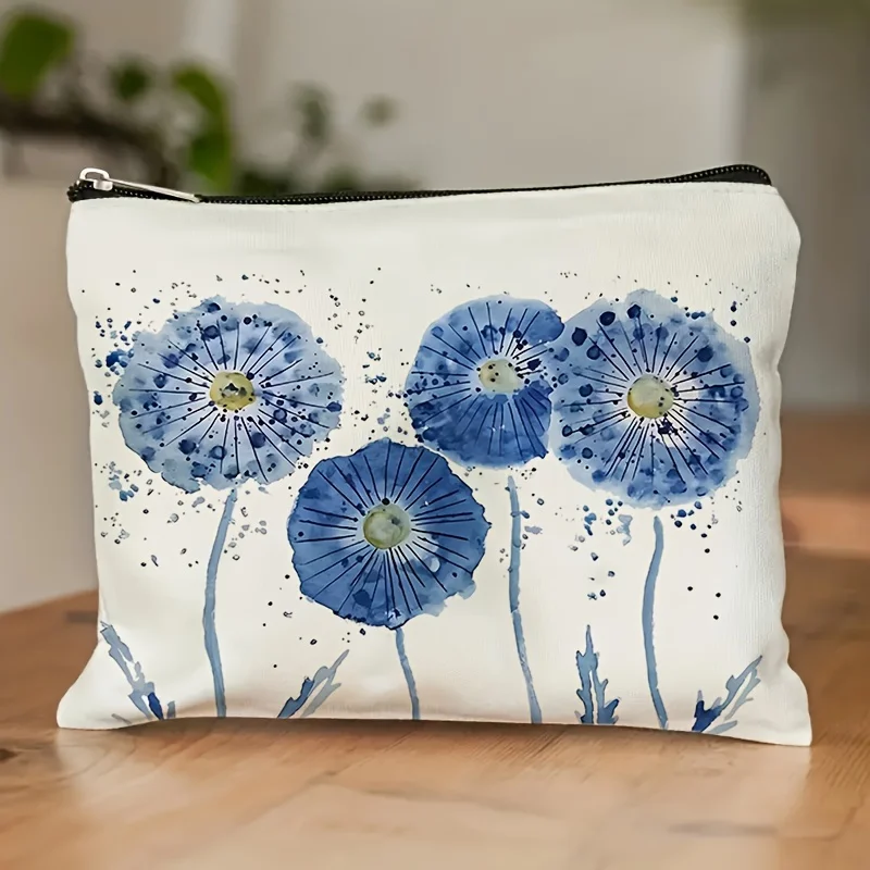 Watercolor Blue Flower Makeup Bag Spring and Summer Flower Makeup Bag Double-sided Printed Large Capacity Storage Bag