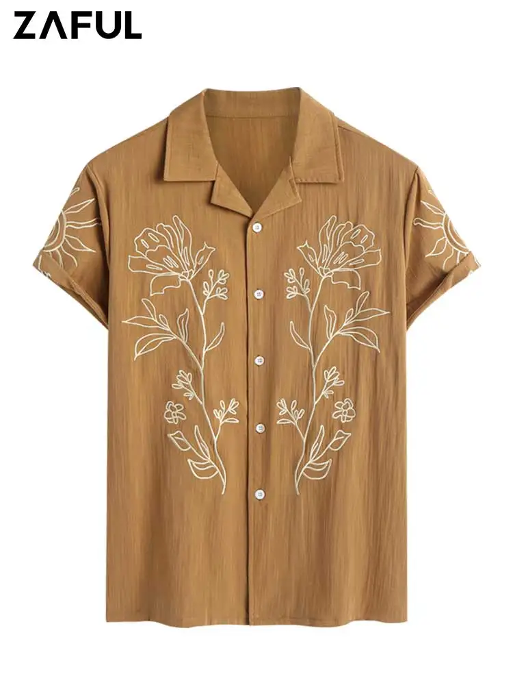 

ZAFUL Shirts for Men Flower Plant Abstract Embroidery Turn-down Collar Short Sleeves Shirt Summer Vacation Tops Z5098401