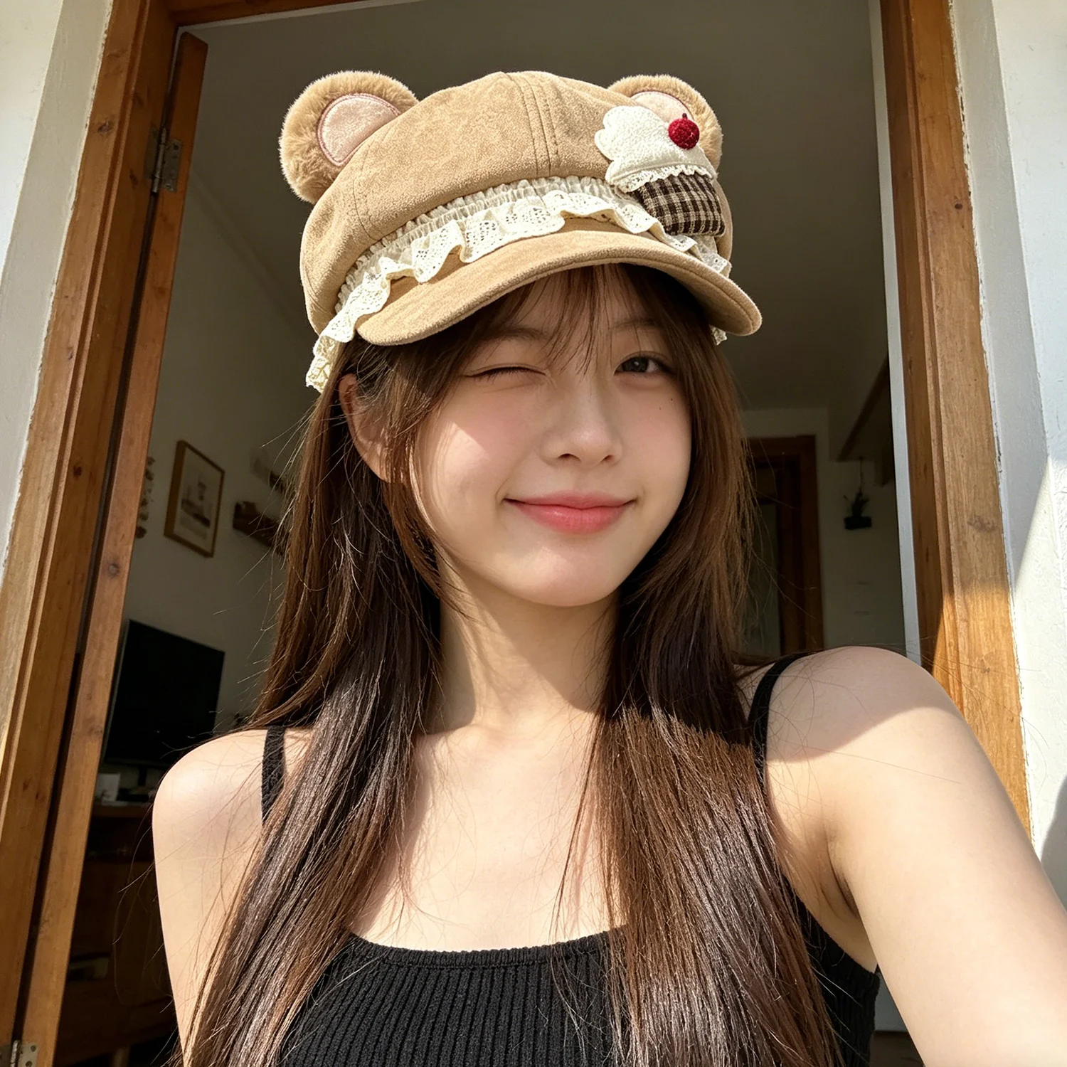y2kキュートなぬいぐるみクマ耳付き八角形ベレー帽、ユニセックス、レースフリル、イチゴ飾り、柔らかく甘いアウトドアファッションサンハット、男女兼用