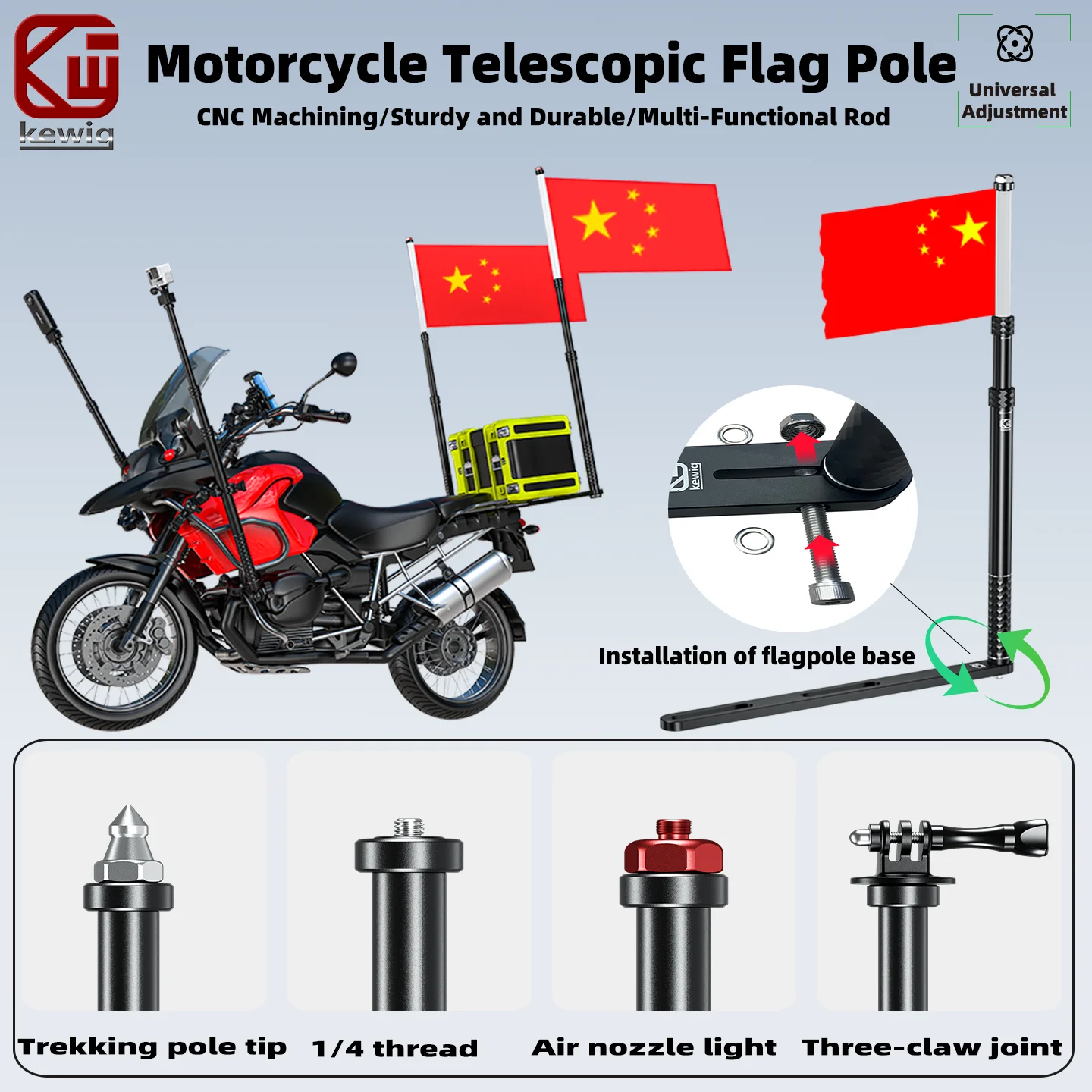 

Kewig Motorcycle Telescopic Flag Pole Aluminum Alloy Multi-Functional Pole for GoPro Insta360 Action Camera & Warning Light