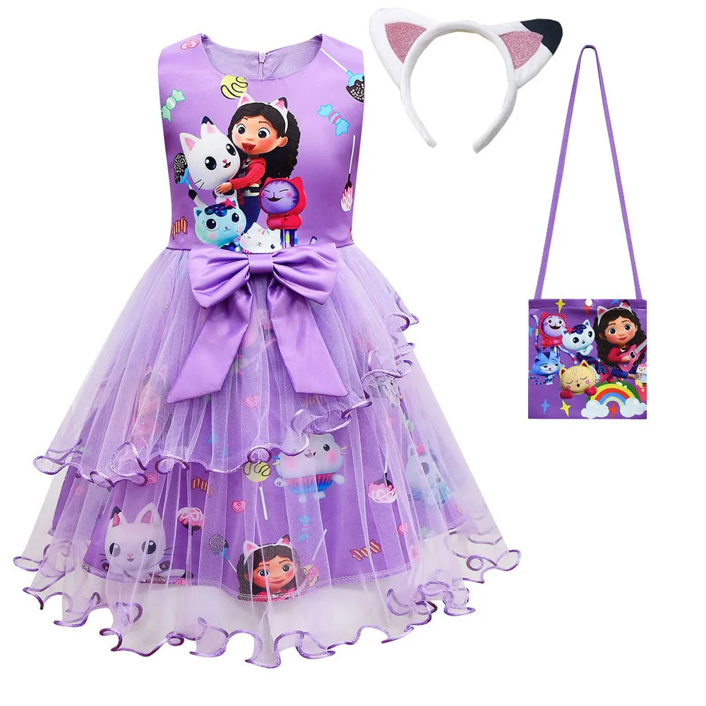 Disfraz de gato Gabi de dibujos animados para niños, vestido de encaje con lazo, sombreros, conjuntos de bolsa, fiesta escolar, Halloween, Cosplay