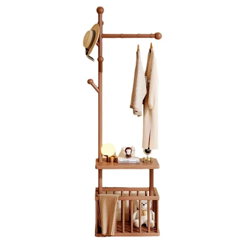 

Solid wood coat rack Floor-to-ceiling hanger Bedroom removable household laundry basket rack Multifunctional storage hanger