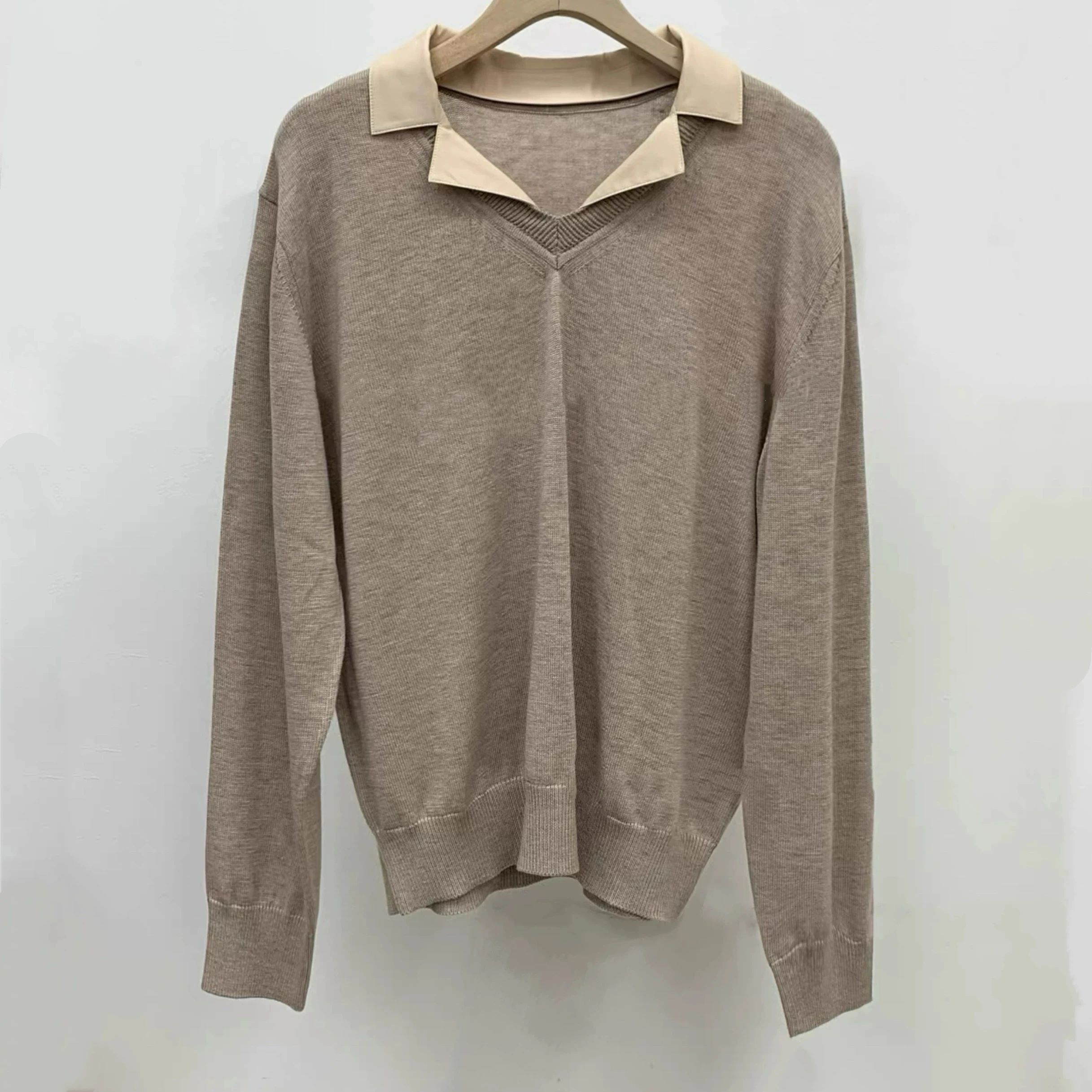 

Lemon Cheese LAT25 Осенний воротник irt, искусственный двухсекционный вязаный топ с V-образным вырезом и дизайном, женский свободный крой, длинный све Cre...