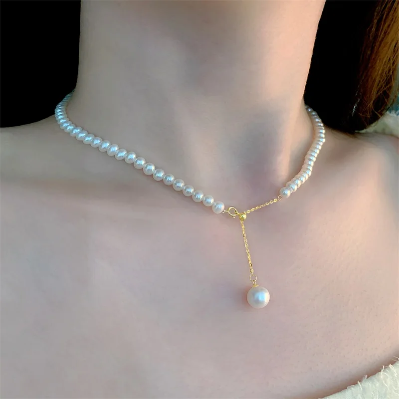 

NYMPH Real 18K Gold Natural Freshwater Pearl Necklace AU750 Fine Jewelry White Near Round Party Gift For Women X576