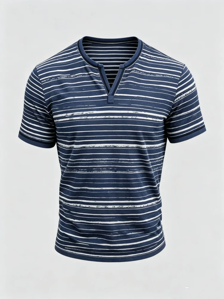 Men's Summer Fashion Contrast Edge Striped Pattern Split V Neck Slim Fit Daily Wear Short Sleeve