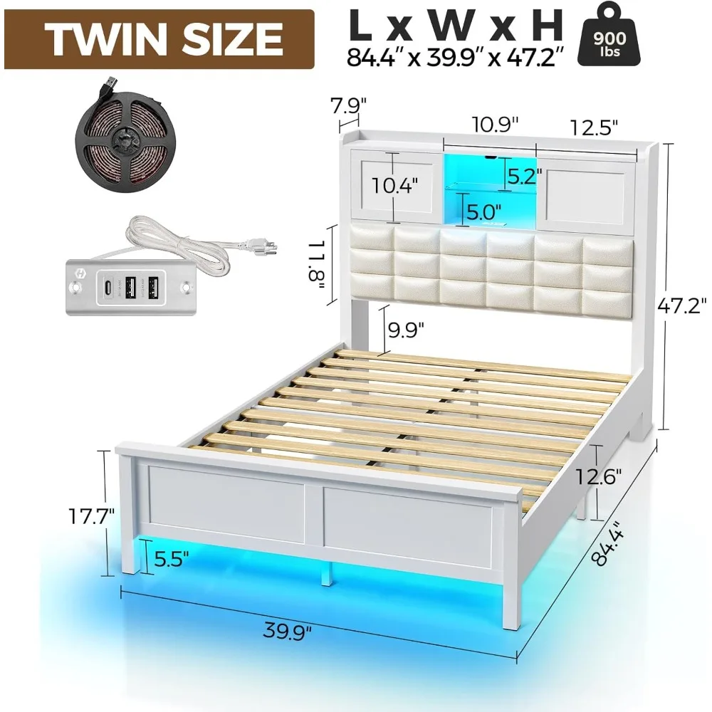 Twin Size Bed Frame with Charging Station, Bookcase Headboard, LED Light and Sliding Doors, Wooden Slats, Platform Bed Frame