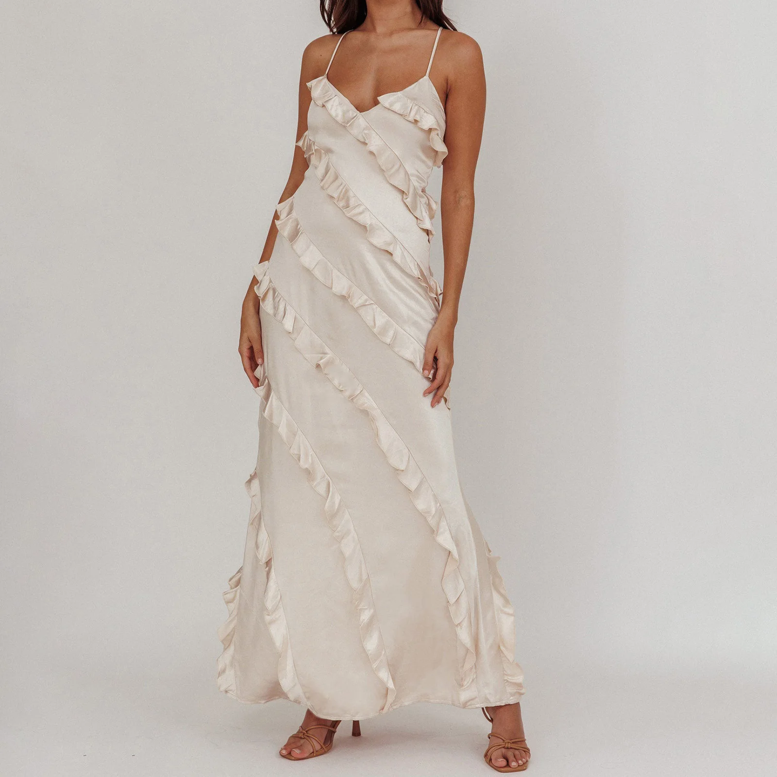 2025 Luxury Women's Soild Color Summer Long Cami Dress Sleeveless Cross Back Ruffle Trim Spaghetti Strap Dress