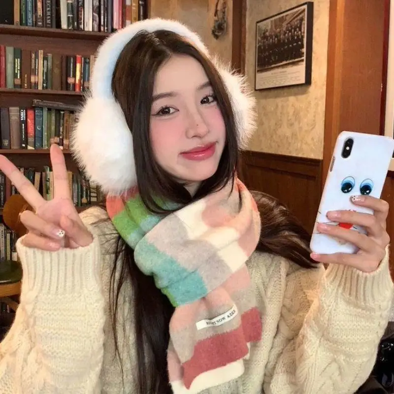 

Новый мохеровый шарф в радужную полоску для мужчин и женщин, зимний шерстяной короткий шарф с цветными полосками, теплый короткий шарф для студентов