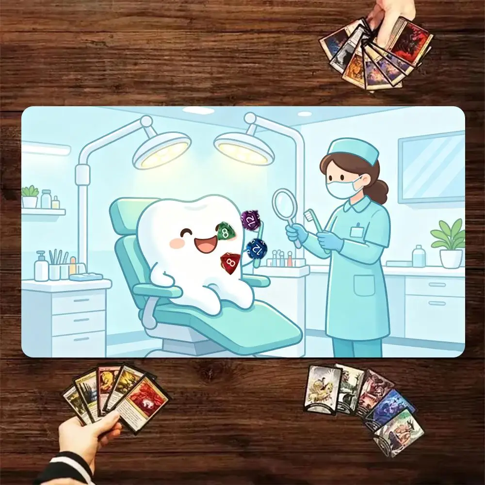 Cute Dentist Examining Tooth TCG Play mat Dental Clinic Scene Trading Card Desk Mat Non‑Slip Rubber mouse Pad For Card Game
