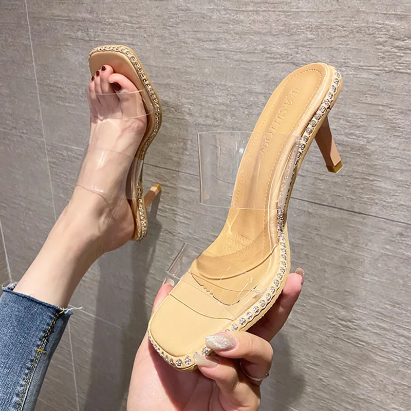 

Luxury Crystal Pvc Heels Sandals Square Toe High Heels Shoes Sexy Slippers Summer 2025 New Woman Party Shoes Dress Pumps Slides