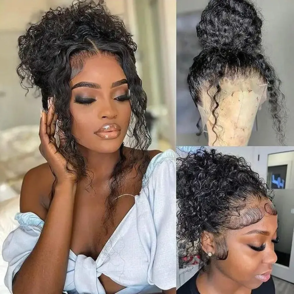 46 Inch Deep Water Wave Curly Brazilian Human Hair Wig 200% Density 13x6 7x6 360 Full HD Transparent Lace Frontal Wig Natural Color Pre Plucked With Baby Hair Natural Hairline Wigs For Black Women