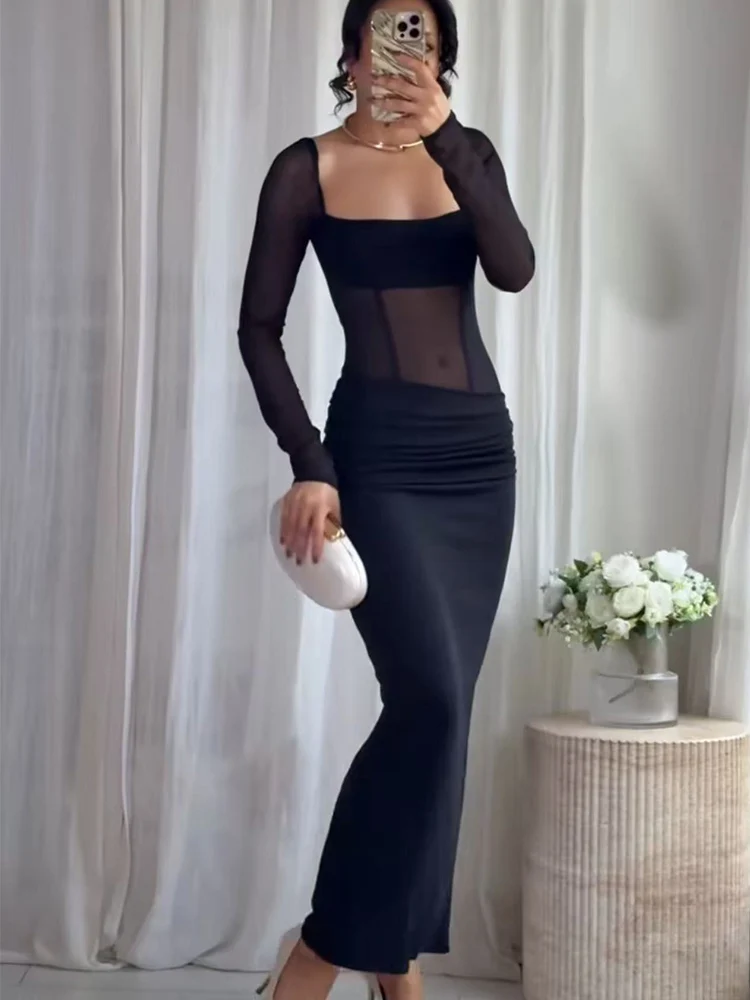 レディースセクシーシアーメッシュマキシドレスシックなスプライス長袖ボディコンスクエアカラードレスレディースパーティークラブプルオーバードレス新作