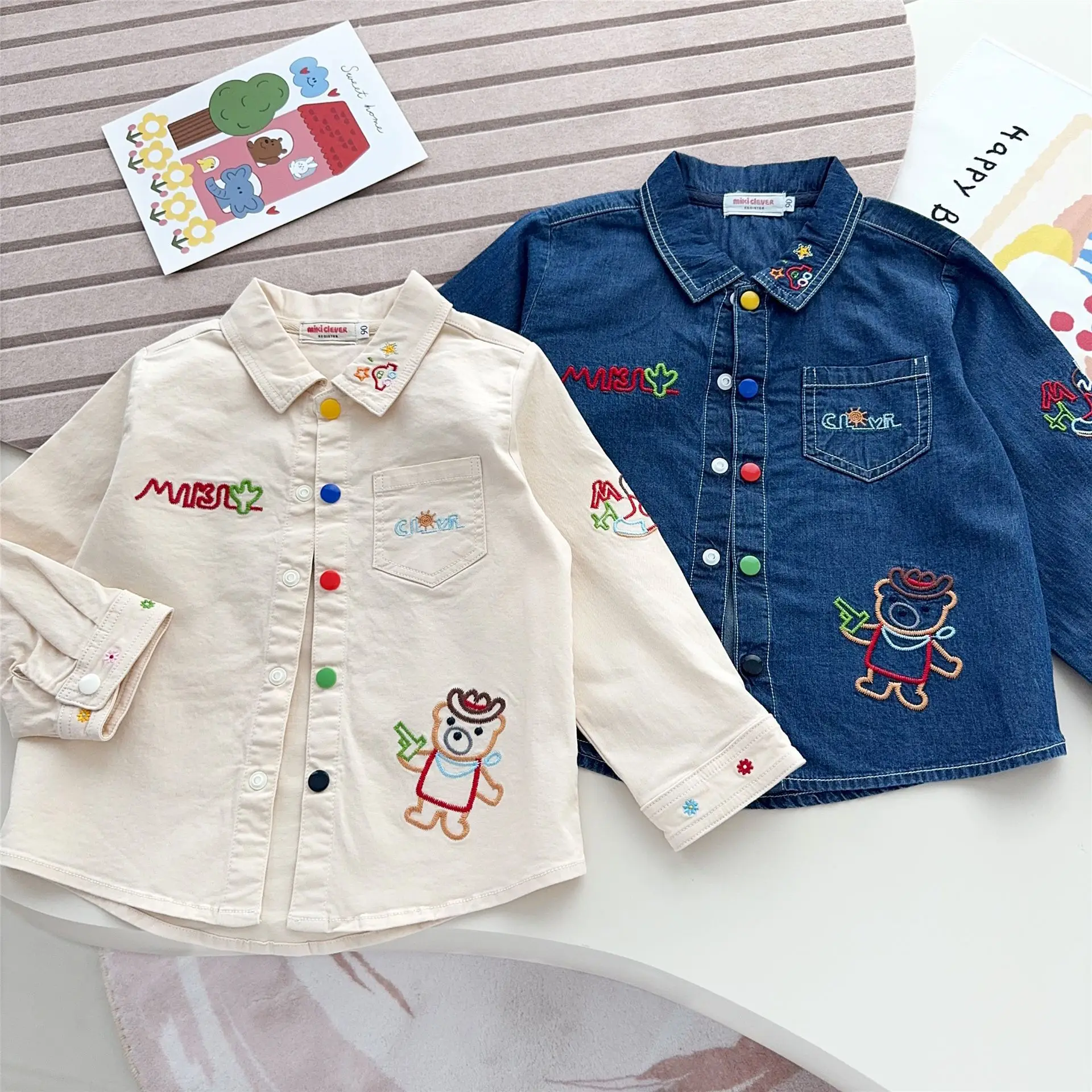 Mantel Bordir Lucu Jepang Baru Musim Gugur 2025 untuk Anak Laki-laki dan Perempuan Kerah Koboi Bergaya Kemeja Ukuran Kecil dan Menengah