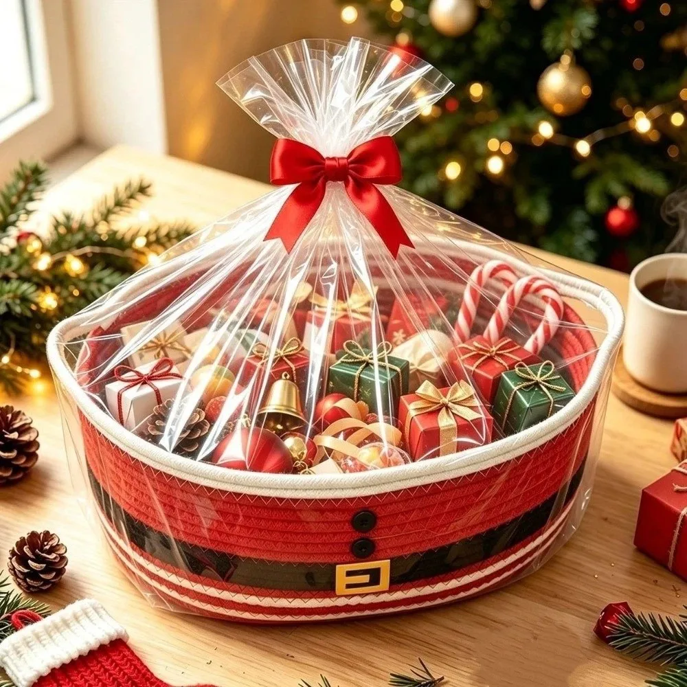 Cotton Rope Christmas Woven Storage Basket Ribbon Trim Braided Snack Storage Basket Santa Claus Decorative Storage Bin