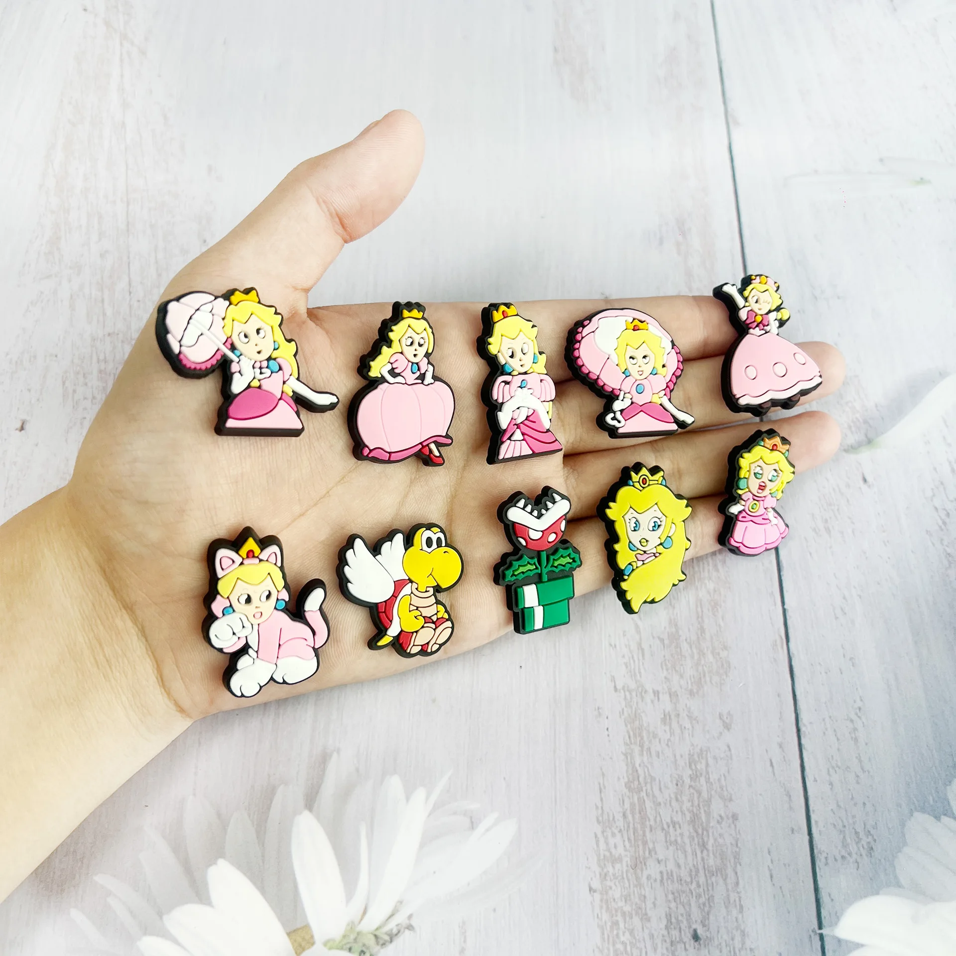 16pcs Mario Princess Peach Shoe Charms Shoe Flower Cartoon Funny Shoe Accessories Fit Croc Clog Decorations Buckle Unisex Gifts