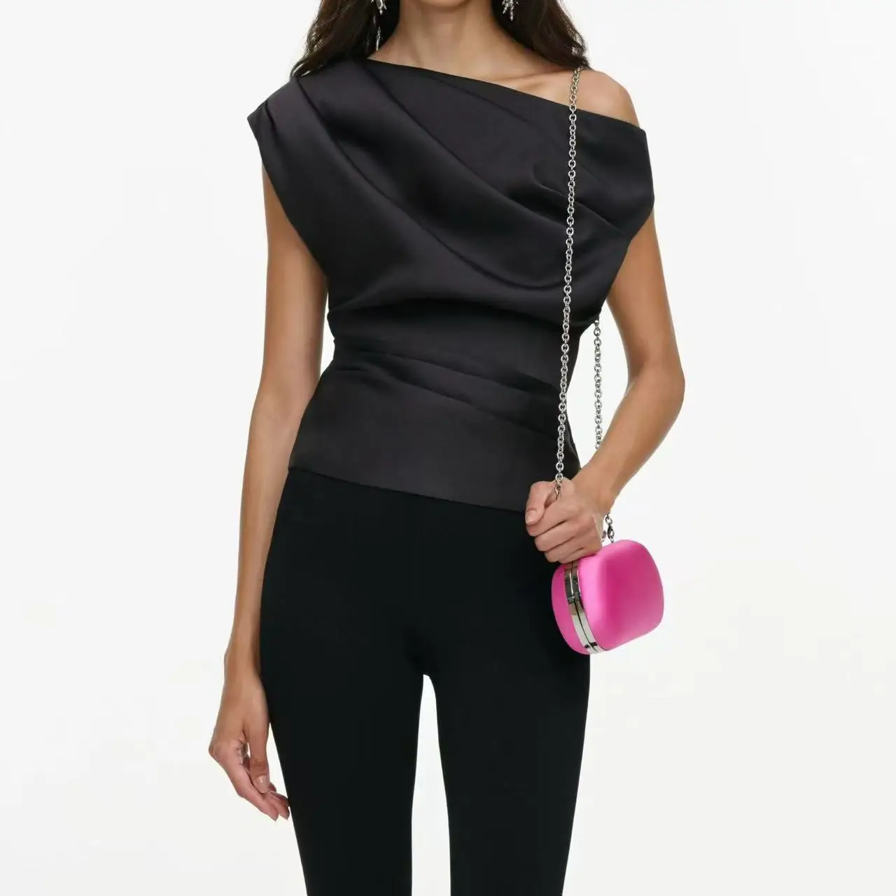 Women Black One Shoulder Top Draped Cowl Neck Sleeveless Ruched Slim Fitted Blouse Elegant Evening Party Formal Shirt