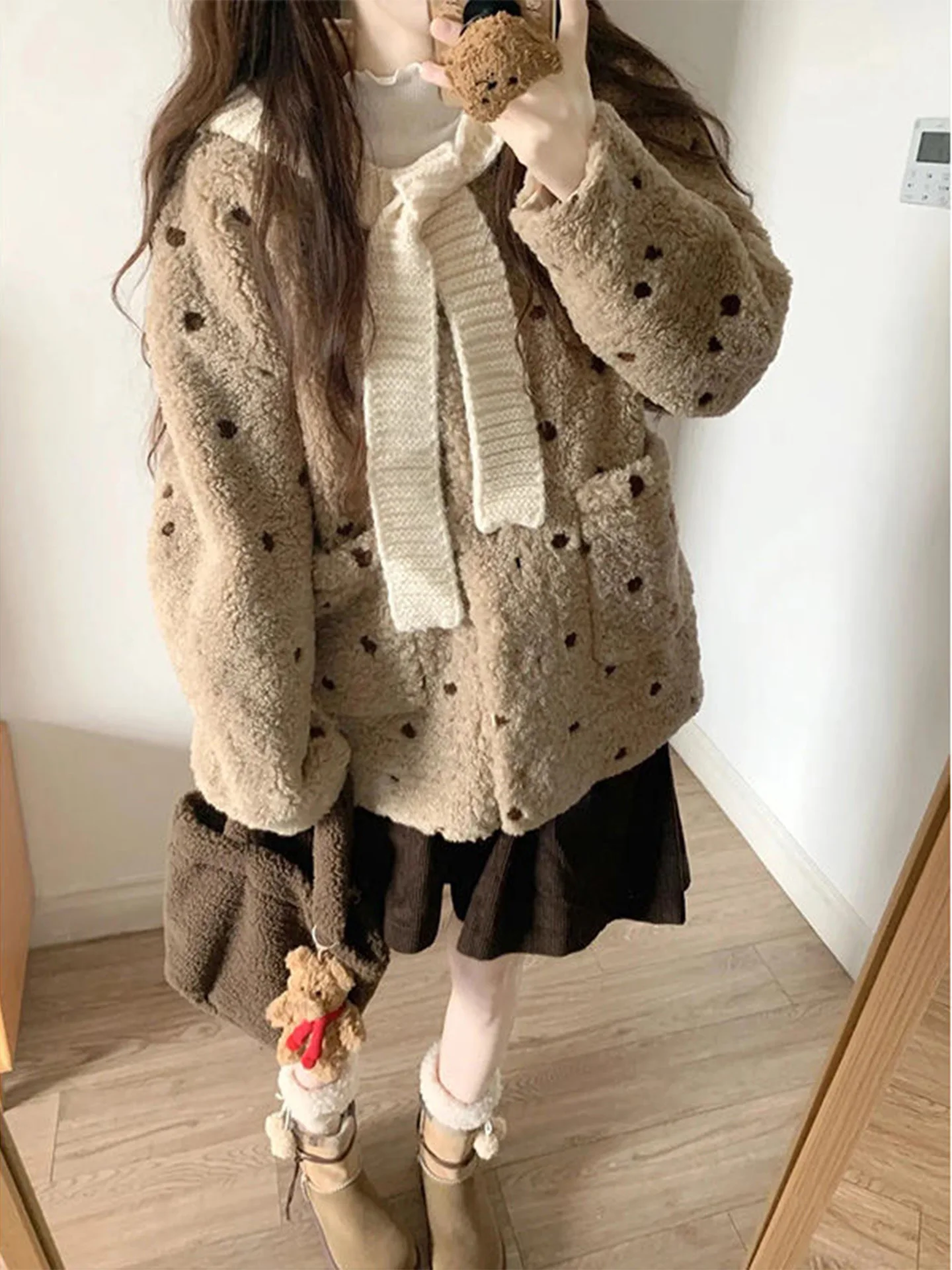 

Ladies' Lazy Fce-Lined Lamb Fur Jaet Autumn Winter 2025 New Sle Warm Cardigan Coat round Ne Button Closure Polka Dot