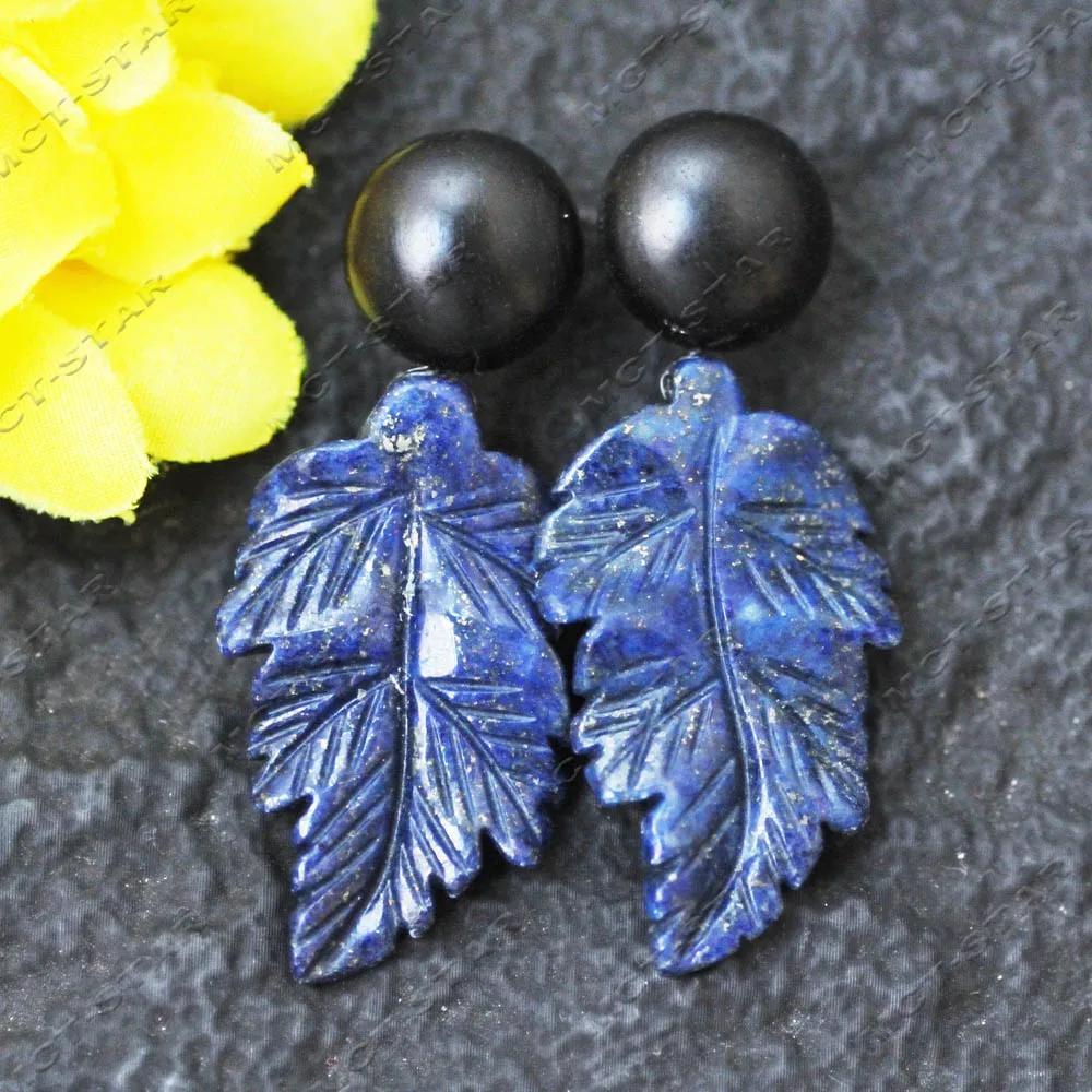 MTC·STAR 40mm Handmade Carved Lapis Lazuli Ruby Zoisite Leaf Round Cabochon Walnut Wood Earrings for Women (Z14732)
