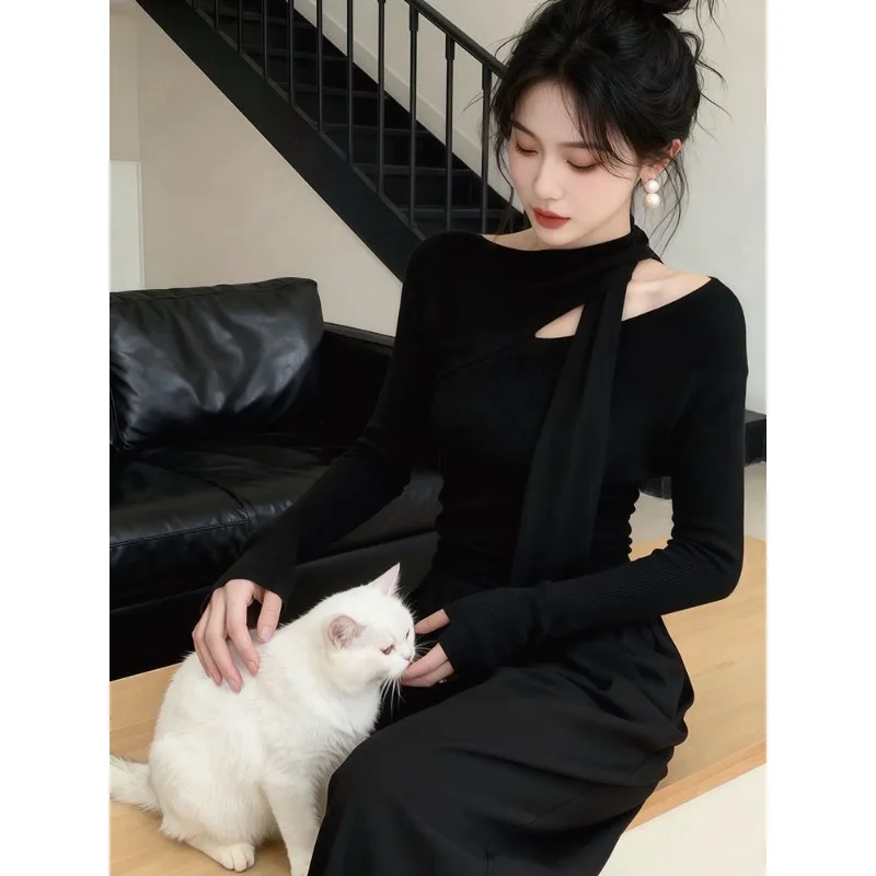 Elegant Asymmetric Halter Women Winter Wool Knit Top Slim Fit Long Sleeve Cutout Inner Wear Blouse