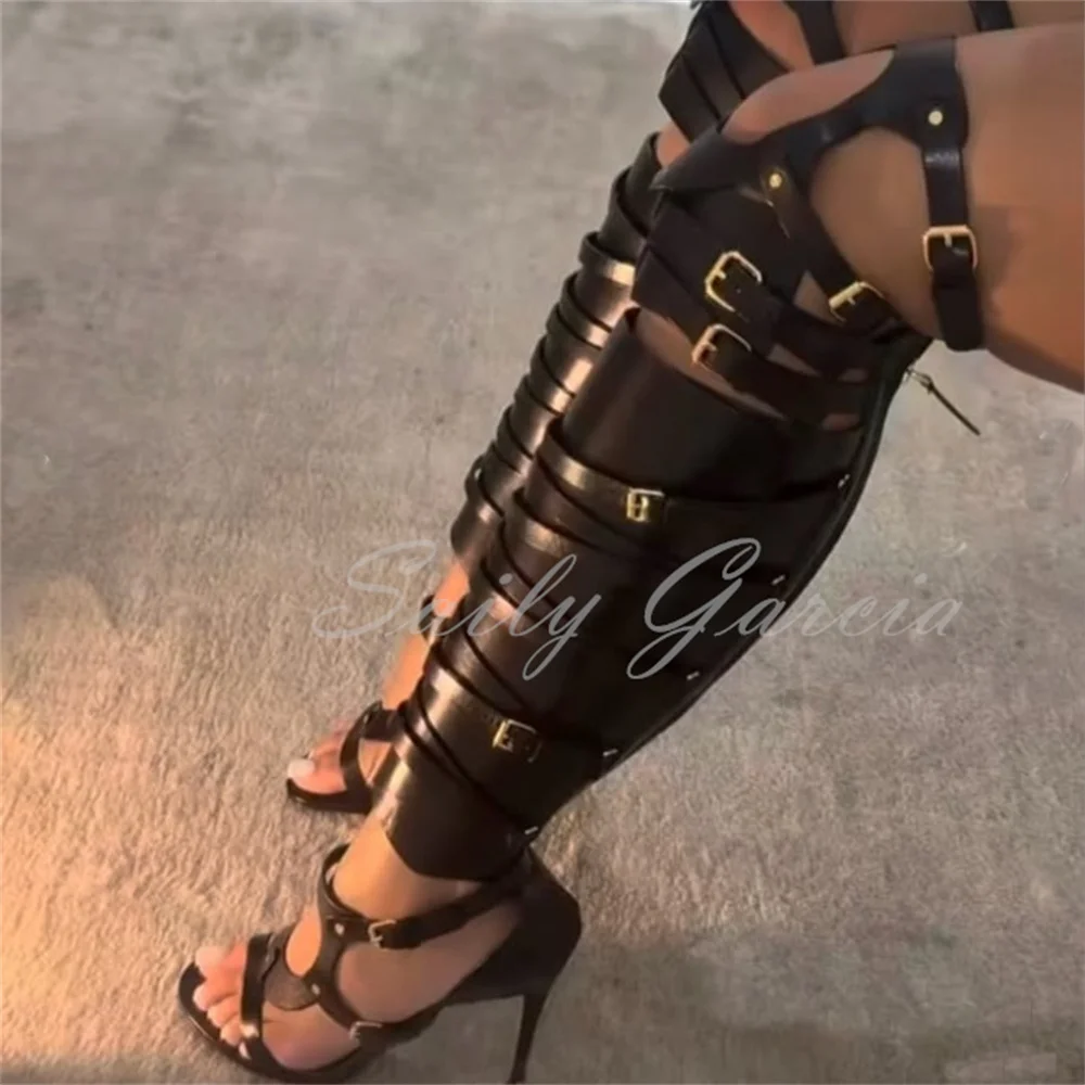 Fashion Show Stiletto High Heels Strap Open Toed Women Round Toe Back Zipper Buckle Strap Hollow Out Over The Knee Boot