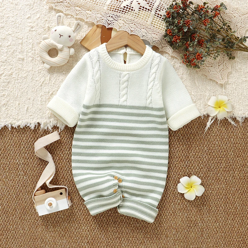 Weißer Baby-Strampler für Neugeborene, Jungen und Mädchen, gestrickte Overalls, 0–9 Monate, Rundhalsausschnitt, lange Ärmel, Kleinkind-Kind-Outwear, Playsuits, Outfits