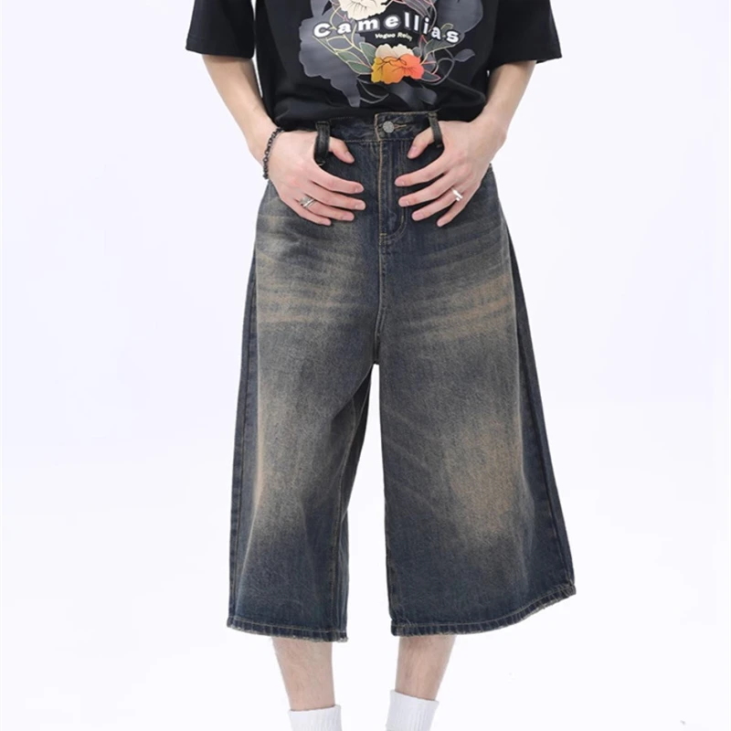 

2026 Mens Washed Denim Shorts Baggy Casual Summer Loose Fit Capri Pants Vintage Y2K Cargo Jeans Beach Streetwear