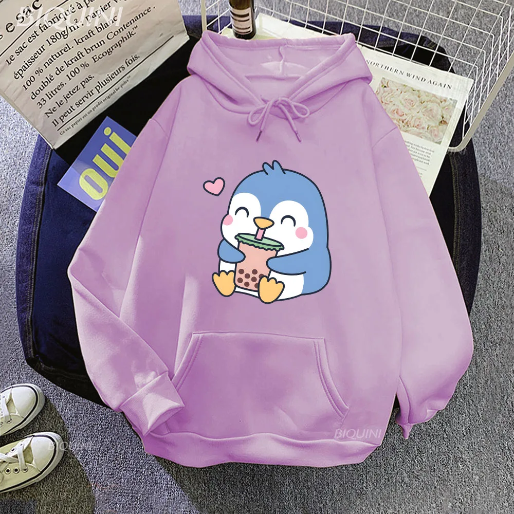 Bubble Boba Milk Tea Cartoon Hoodies Women Penguin Graphic Sweatshirts Unisex Clothes Kawaii Anime Harajuku Plus Size Hoodie