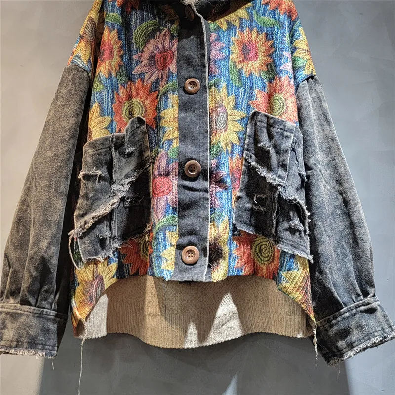 ANJY 가을 새로운 여성 세련된 자켓 인쇄 니트 패치 워크 디스트레스 데님 후드 싱글 브레스트 streetwear 트렌디 코트 a9807