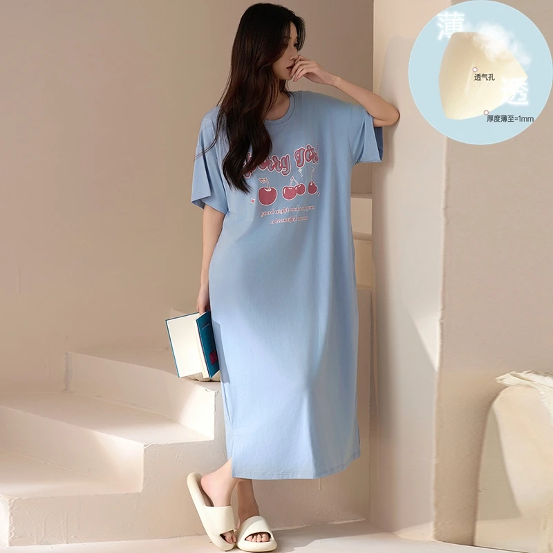 2024 Summer Short Sleeve Modal Print Nightgowns for Women Korean Loose Long Dress Sleepwear Nightdress Night Dress Home Nighty