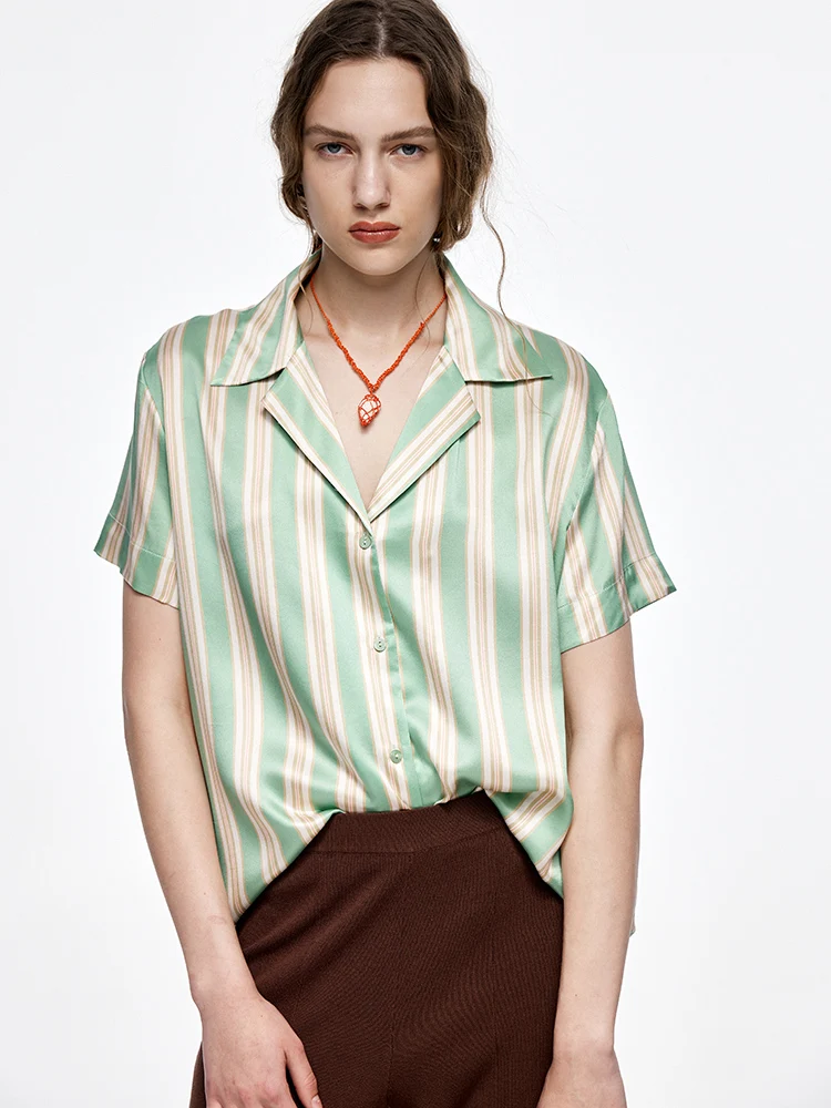 SuyaDream, Women Striped Shirts, 100%Real Silk, Short Sleeves,  Notch Collar Green Blouses, 2024 Spring Summer Chic Top